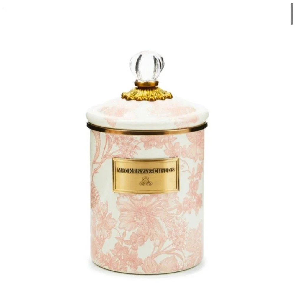 MacKenzie Childs Pink and White- Rosy English Canister 3 pc Set New